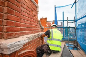 Worker in high-visibility vest repointing brickwork on a building in London, highlighting restoration techniques and structural maintenance.