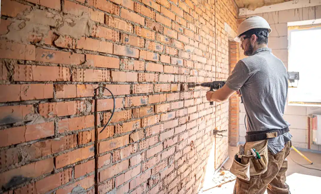 Professional worker using a power drill on a brick wall during restoration, emphasizing brick cleaning techniques and maintenance.