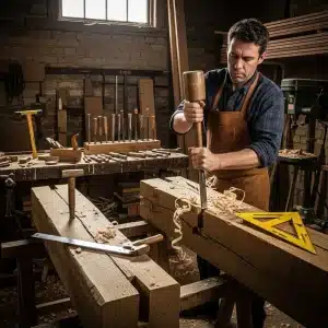 carpenter repairing a historic timber frame using traditional joinery methods in a period property setting