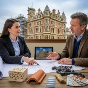 consultant advising on heritage property restoration with blueprints and materials