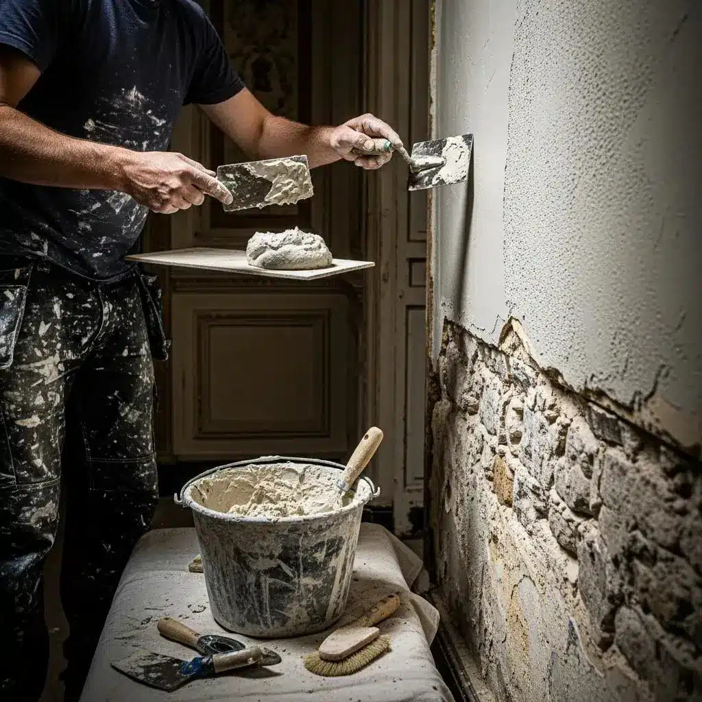 craftsman applying lime plaster to a wall in a period property showcasing traditional repair techniques