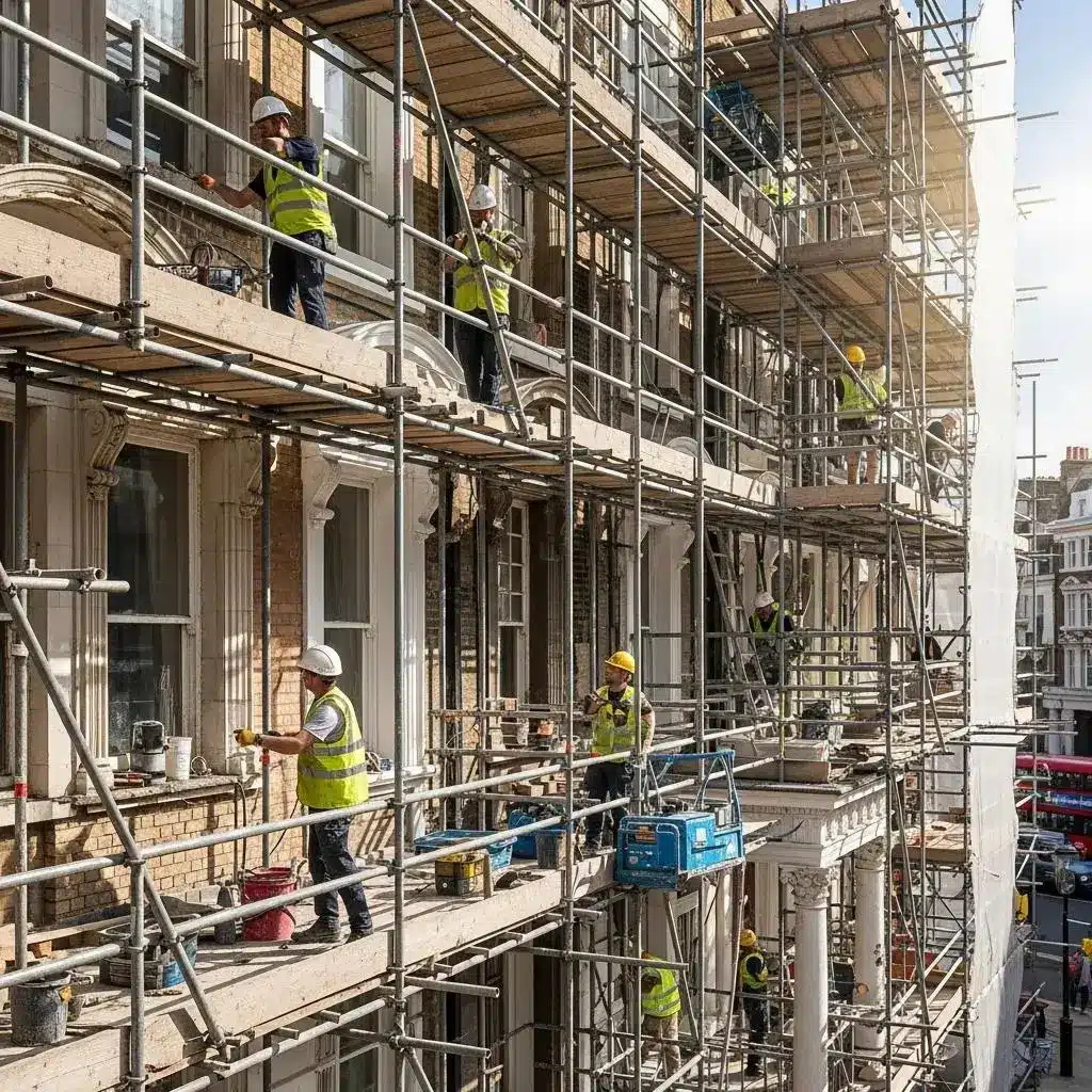 historic london building restoration with scaffolding and workers