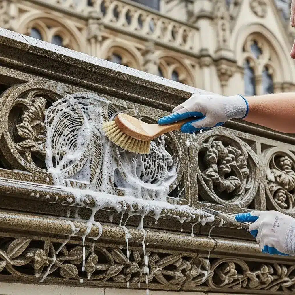 professional using safe cleaning techniques on a historic stone facade in london