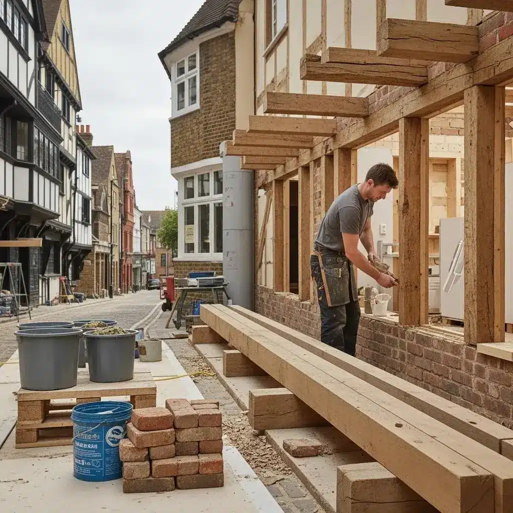 traditional building materials for heritage restoration including lime mortar timber and brickwork in a historic london setting