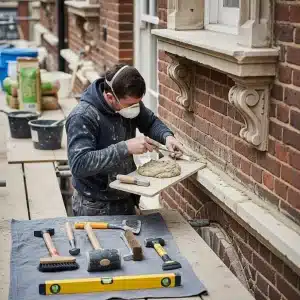 worker performing masonry repair on a historic london facade with lime based mortar