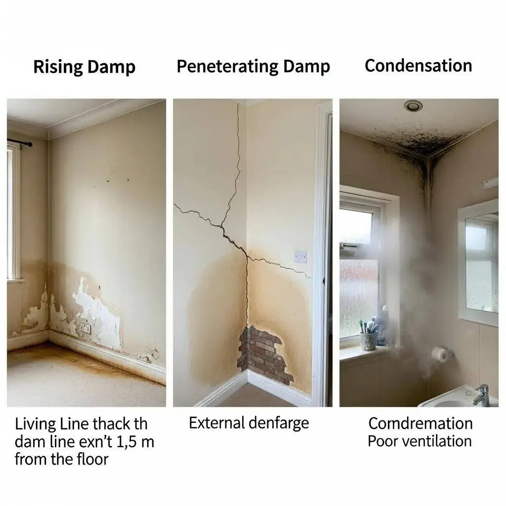 Illustration of rising damp, penetrating damp, and condensation in a home