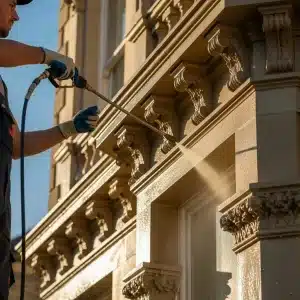 Professional cleaning a period home's facade in summer, showcasing facade maintenance techniques