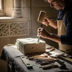 Artisan repairing historical stonework with traditional tools
