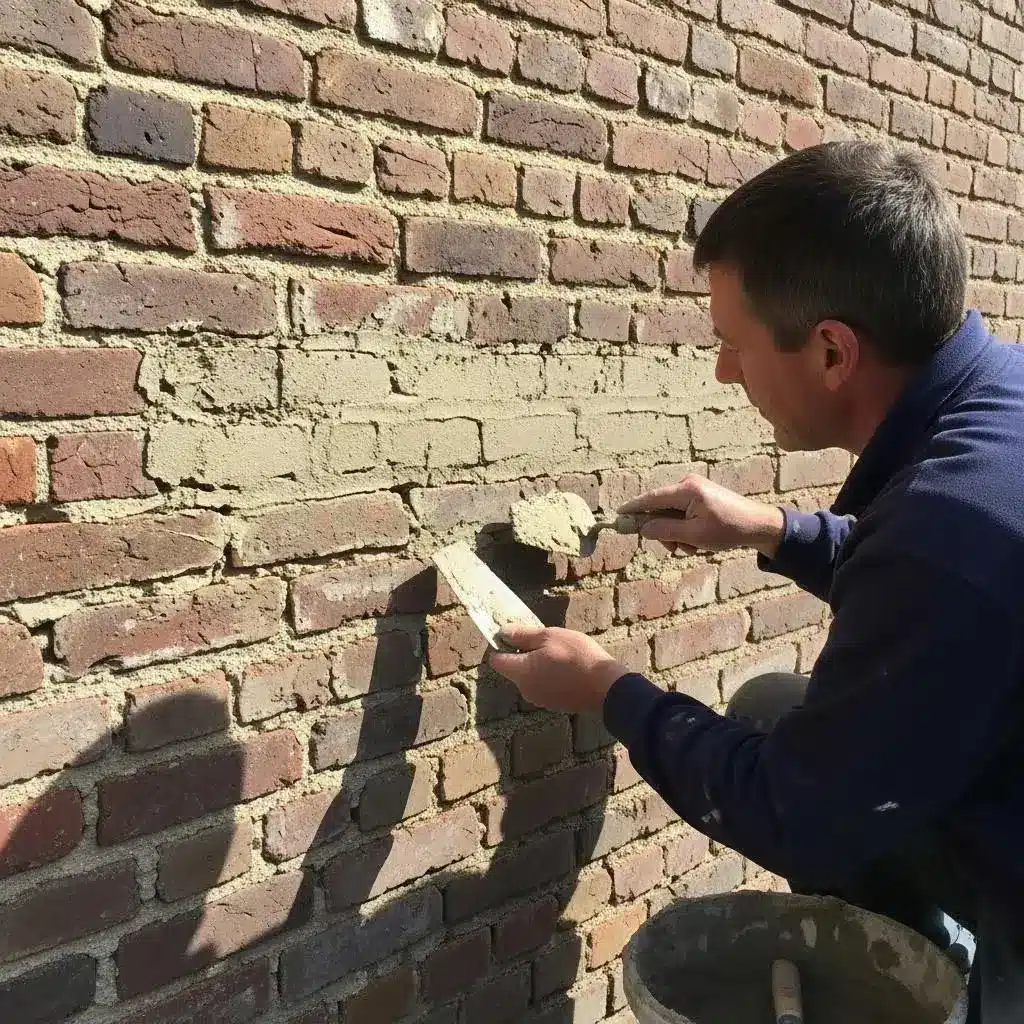 Close up of brick wall showing cracked and missing mortar joints, indicating need for repointing