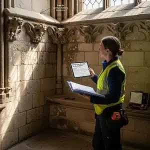 Conservation professional reviewing standards for stone cleaning in heritage properties