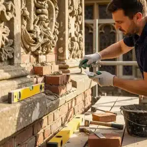 Craftsman repairing brickwork on a historical building, showcasing essential brickwork repair techniques