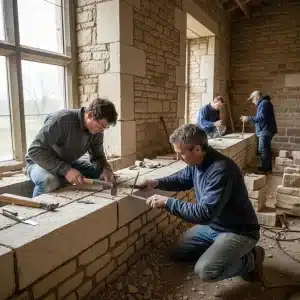 Craftsmen restoring a historical building using traditional techniques and materials like limestone and sandstone