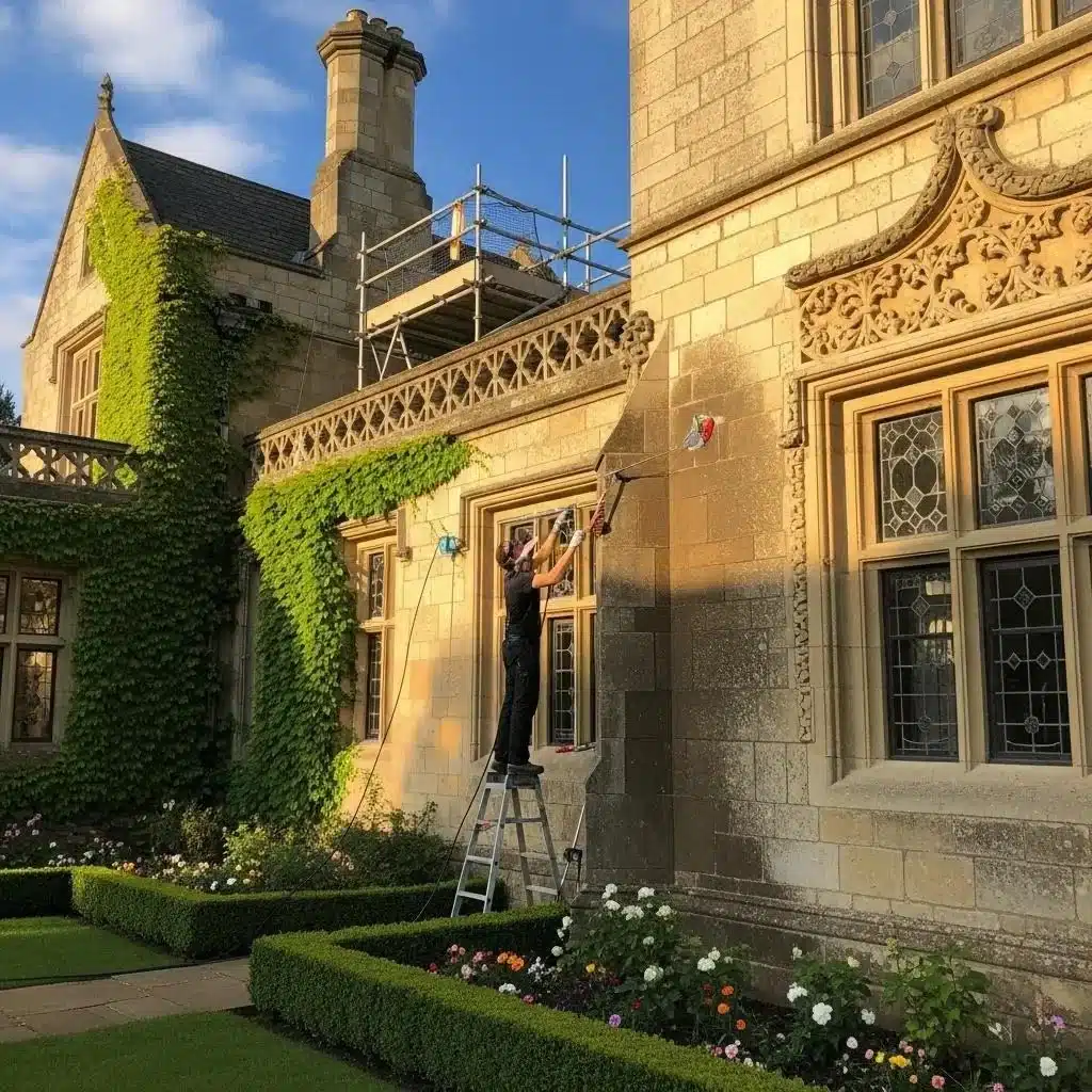 Heritage building cleaning with safe methods, showcasing stone preservation techniques