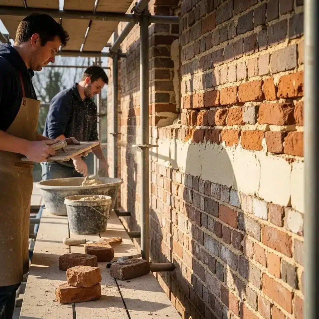Heritage building restoration with lime mortar application by skilled craftsmen
