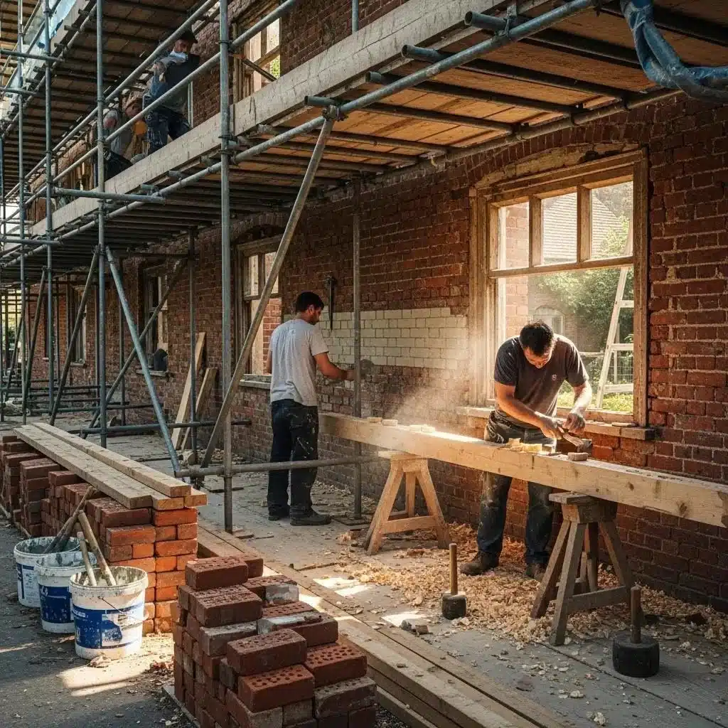 Heritage building restoration with workers using traditional materials
