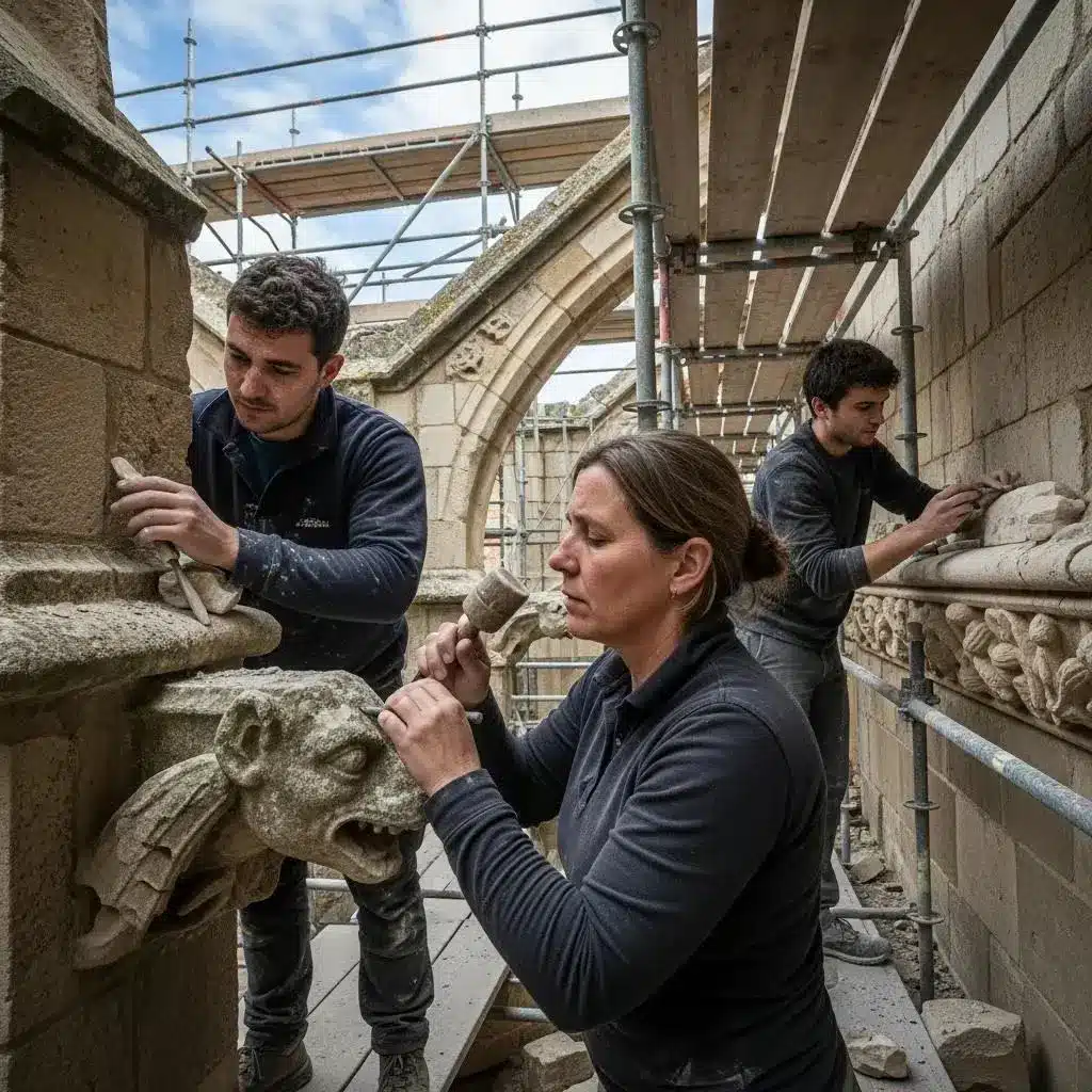 Historic stone building restoration showcasing skilled artisans preserving cultural heritage
