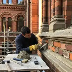 Mason repairing brickwork on a historical building, showcasing craftsmanship and traditional tools