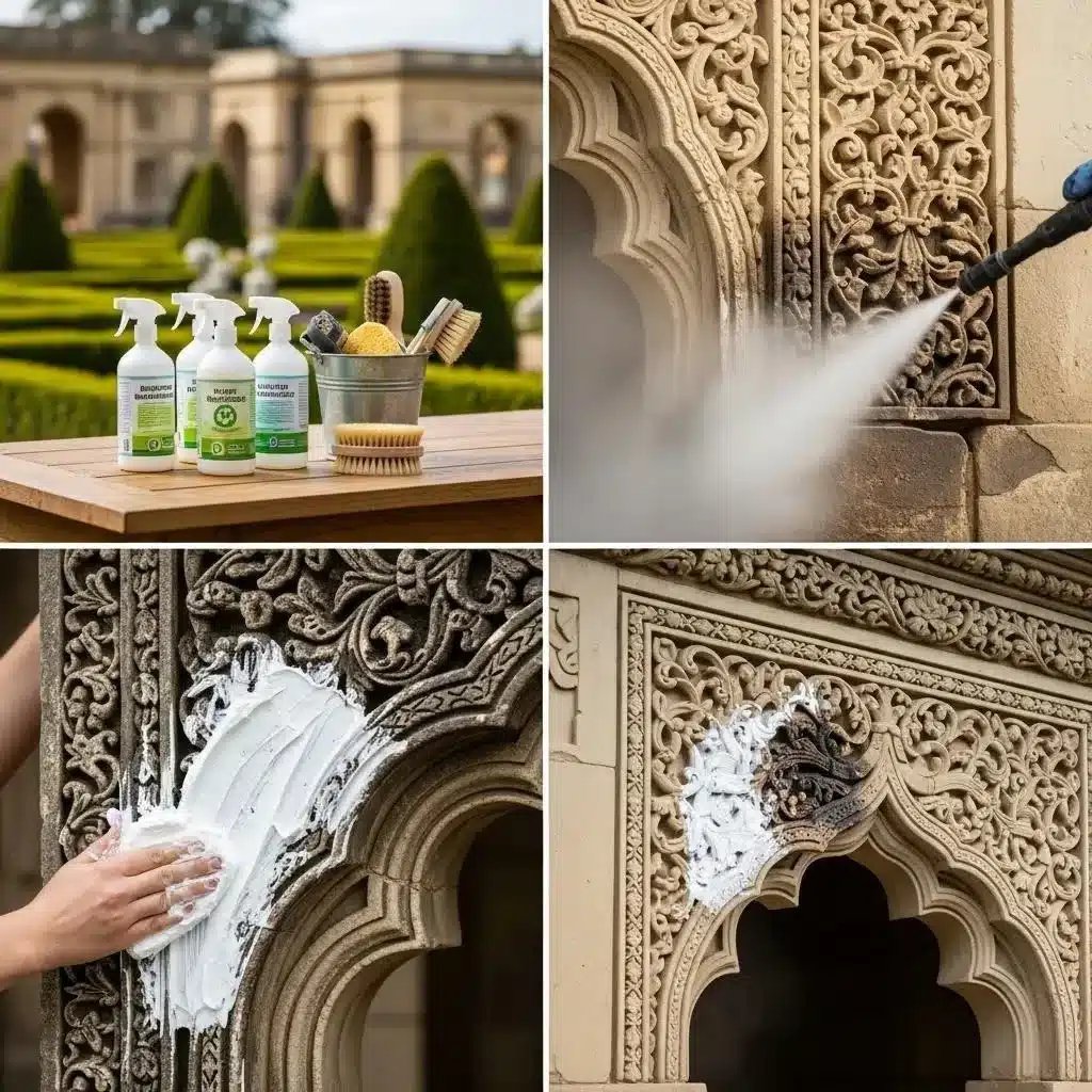 Non abrasive stone cleaning techniques including poulticing and steam cleaning at a heritage site