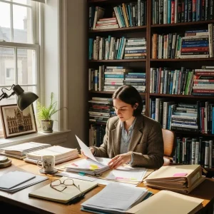 Person reviewing funding options for heritage property restoration