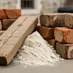 Traditional building materials including lime mortar, timber, and brickwork for restoration