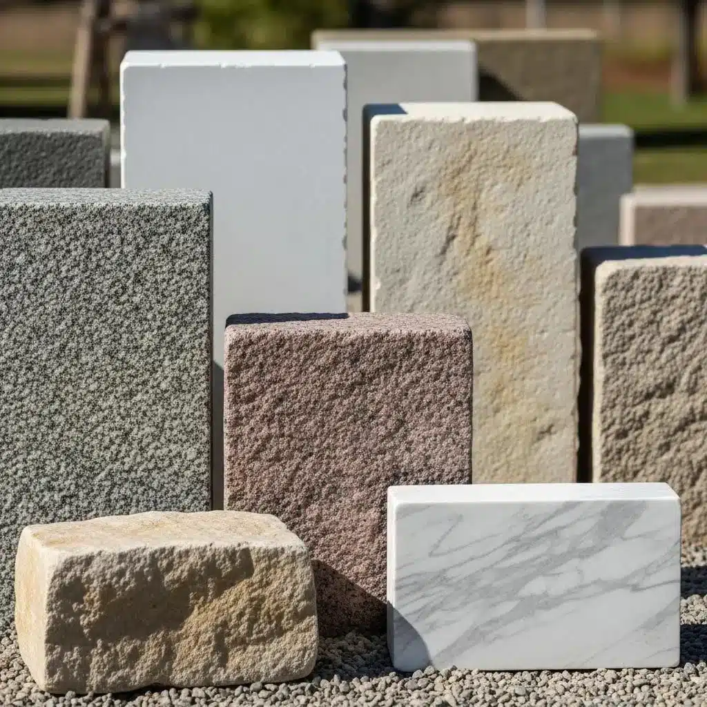 Variety of building stones including granite, limestone, sandstone, and marble showcasing their unique textures and colors