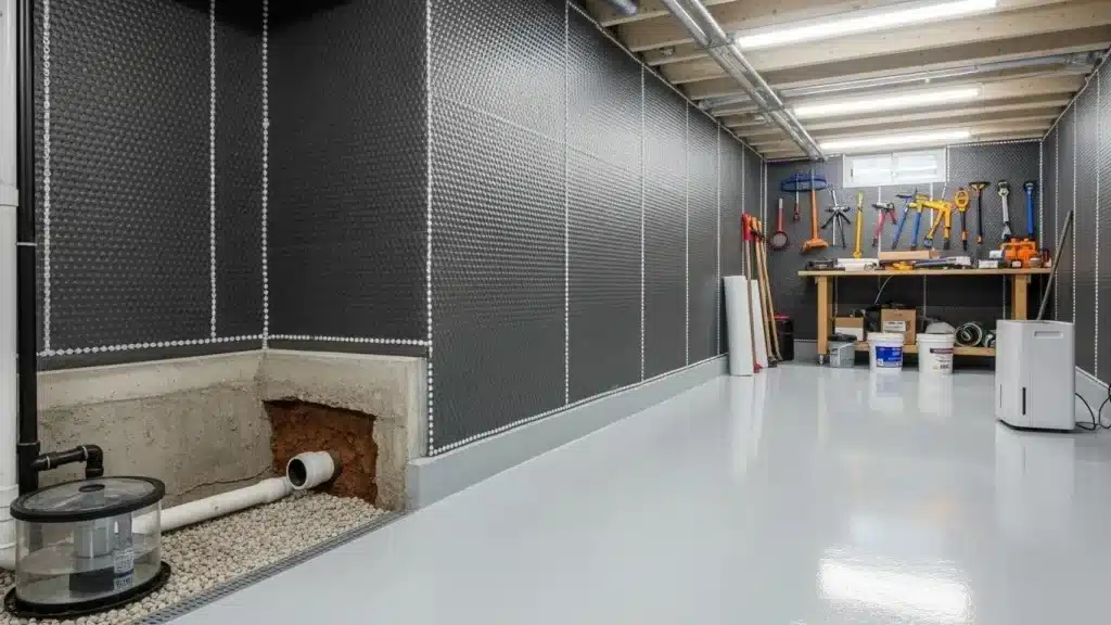 Basement damp proofing techniques with visible membranes and sealants in a clean, dry environment