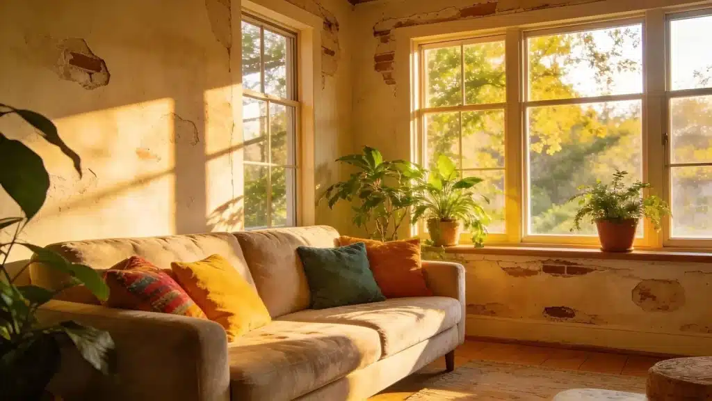 Cozy living room showcasing effective damp treatment with well ventilated space and restored walls