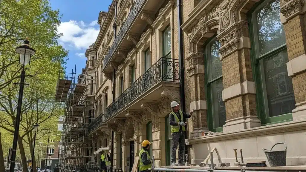 Heritage building restoration in London showcasing intricate architectural details