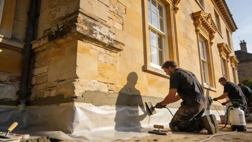 Heritage property undergoing damp proofing treatment with professionals preserving architectural integrity