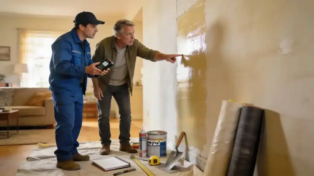 Homeowner and technician discussing damp proofing installation to ensure effective moisture control
