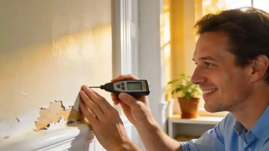 Homeowner checking damp treated walls, inspecting for moisture with a moisture meter