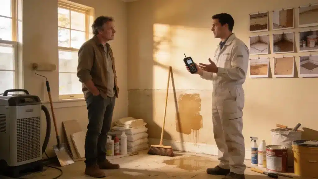 Homeowner consulting with a restoration professional about damp treatment concerns
