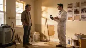 Homeowner consulting with a restoration professional about damp treatment concerns
