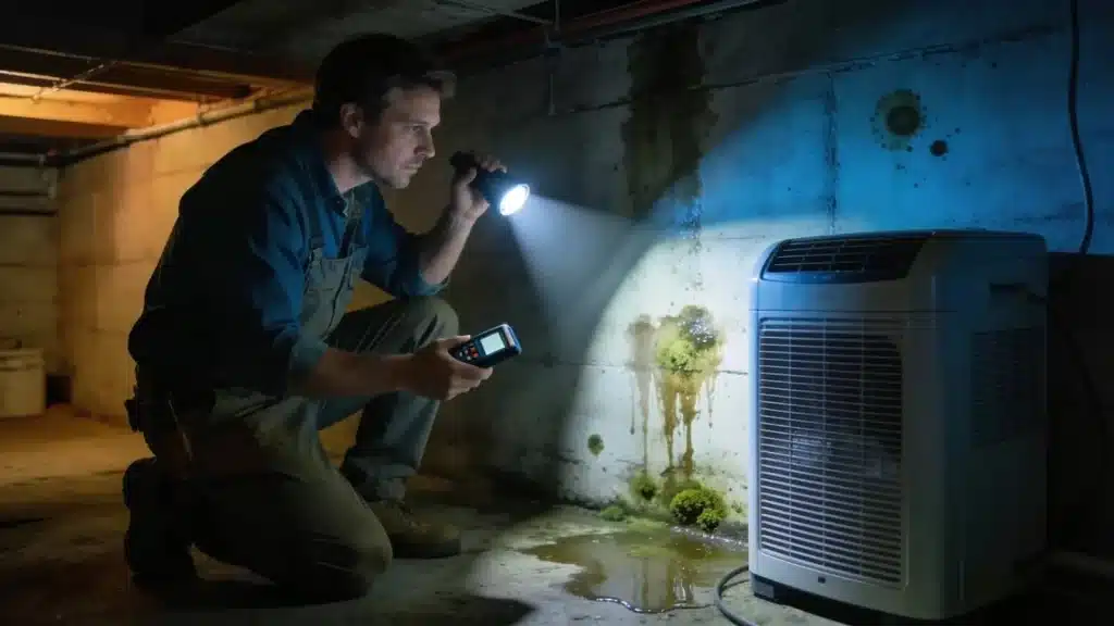 Homeowner inspecting for dampness to prevent mold issues in their home