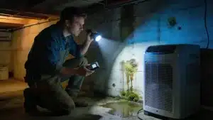 Homeowner inspecting for dampness to prevent mold issues in their home