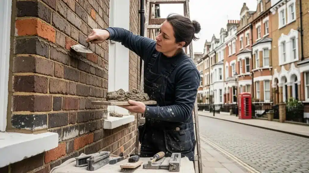 Homeowner performing DIY repointing on historic London brickwork