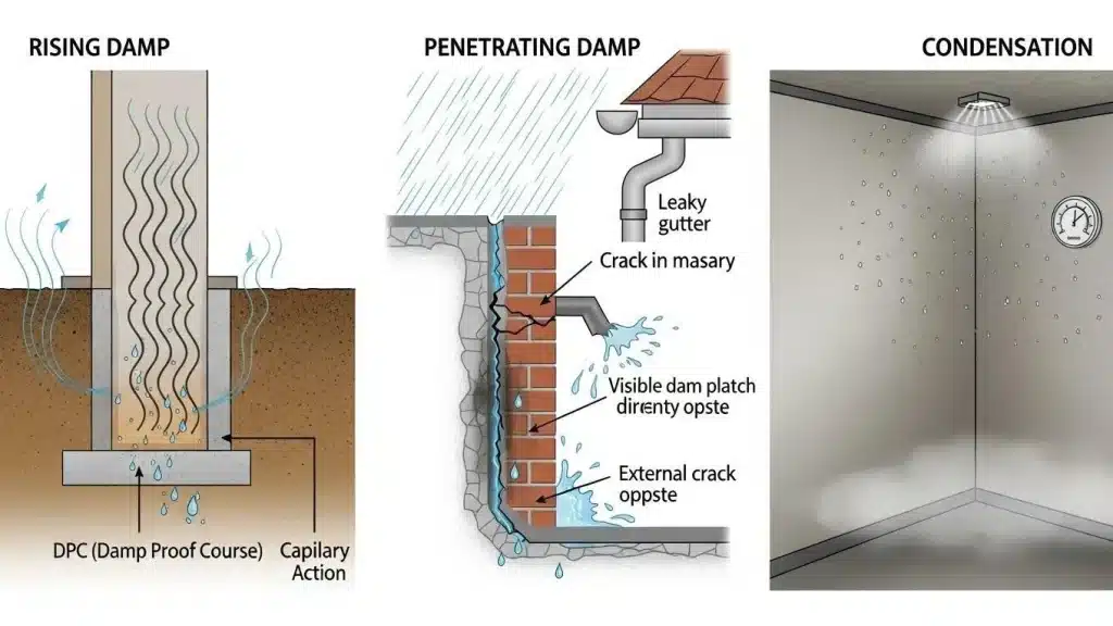 Illustration of common causes of basement dampness including rising damp, penetrating damp, and condensation