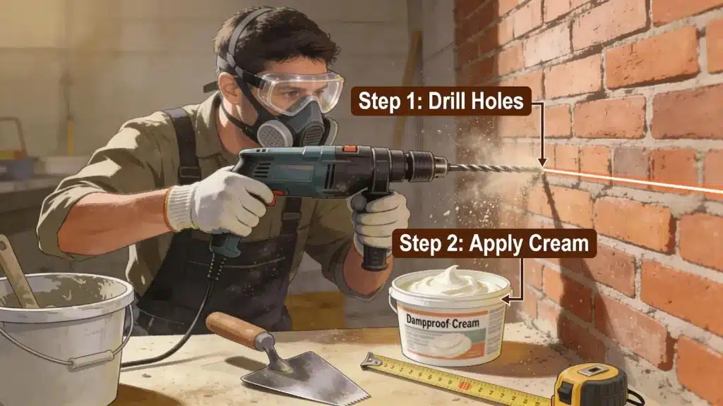 Person demonstrating the installation of a damp proof course for rising damp