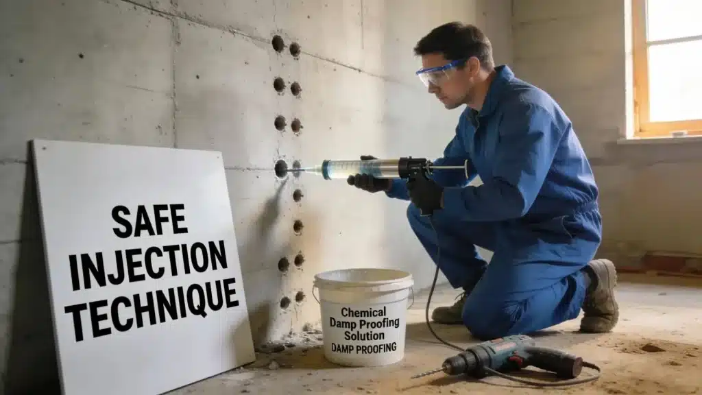 Technician injecting chemical solution into a wall as part of chemical damp proofing process