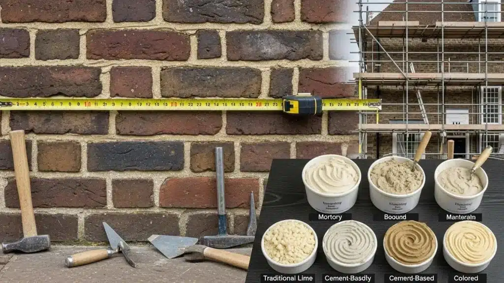 Visual representation of factors affecting repointing costs, including measuring tools and mortar types against a brick wall