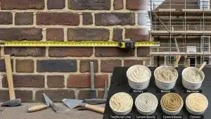 Visual representation of factors affecting repointing costs, including measuring tools and mortar types against a brick wall