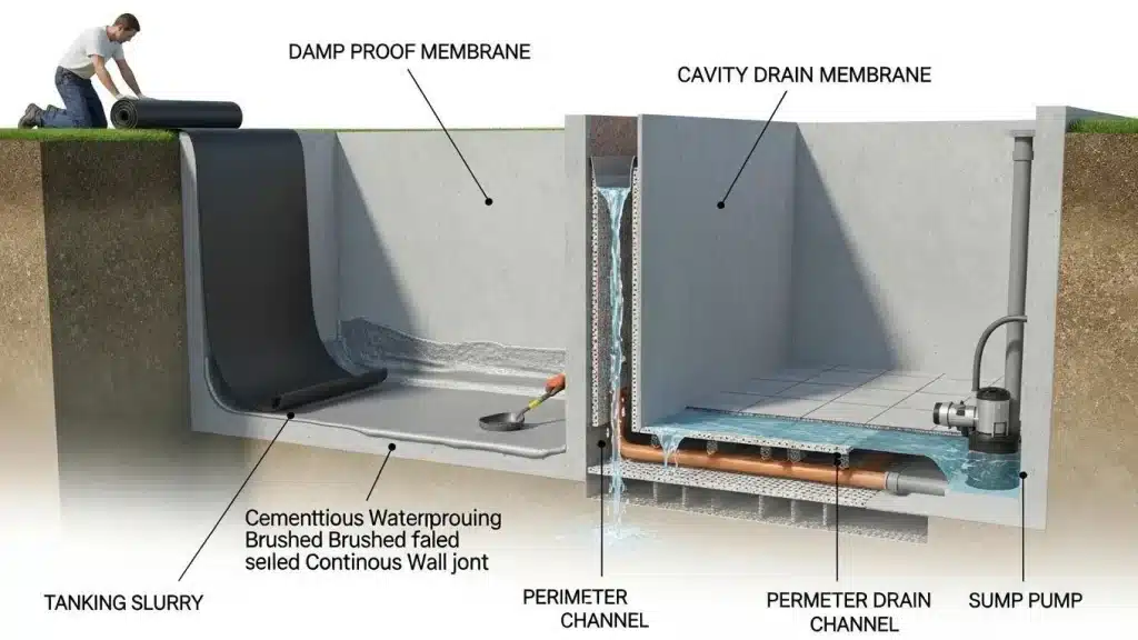 Visual representation of waterproofing techniques including damp proof membranes, tanking systems, and cavity drain systems