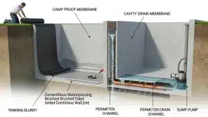 Visual representation of waterproofing techniques including damp proof membranes, tanking systems, and cavity drain systems