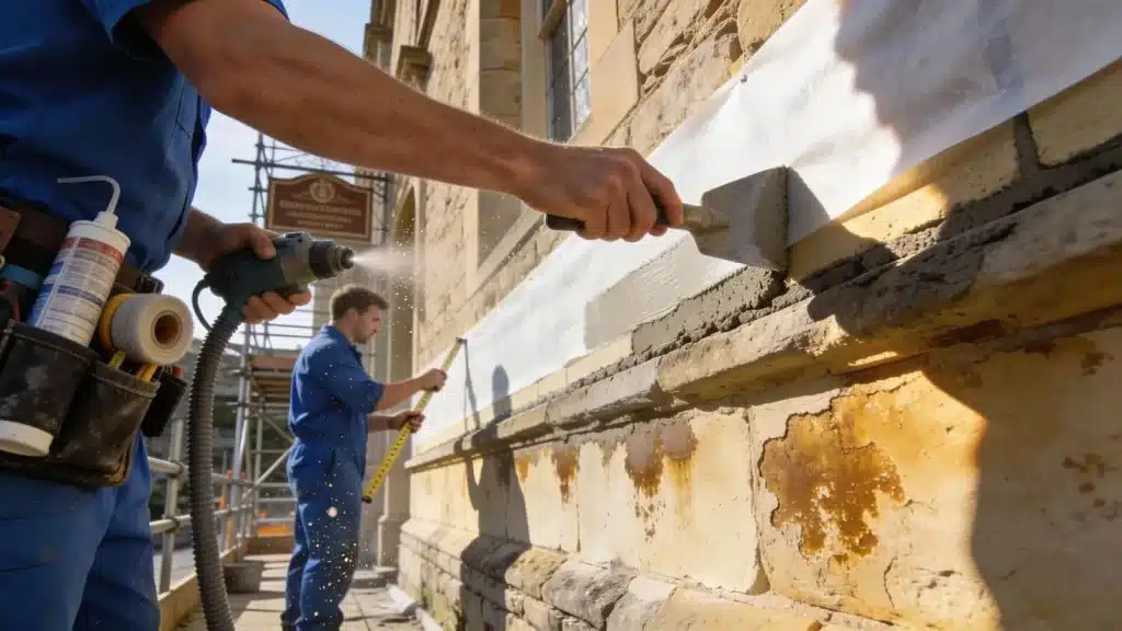 Workers applying damp proofing methods to a historic building to prevent rising damp issues
