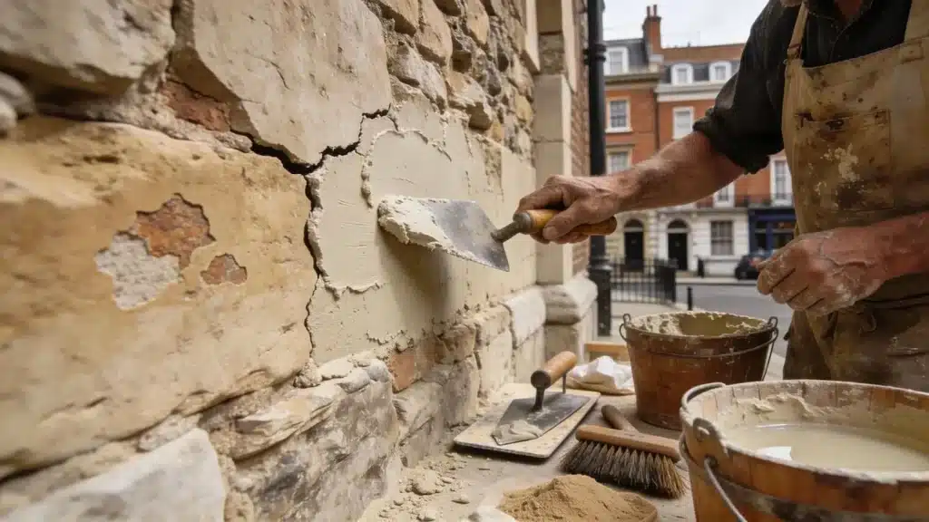 Artisan repairing historic masonry with lime mortar to preserve the structure