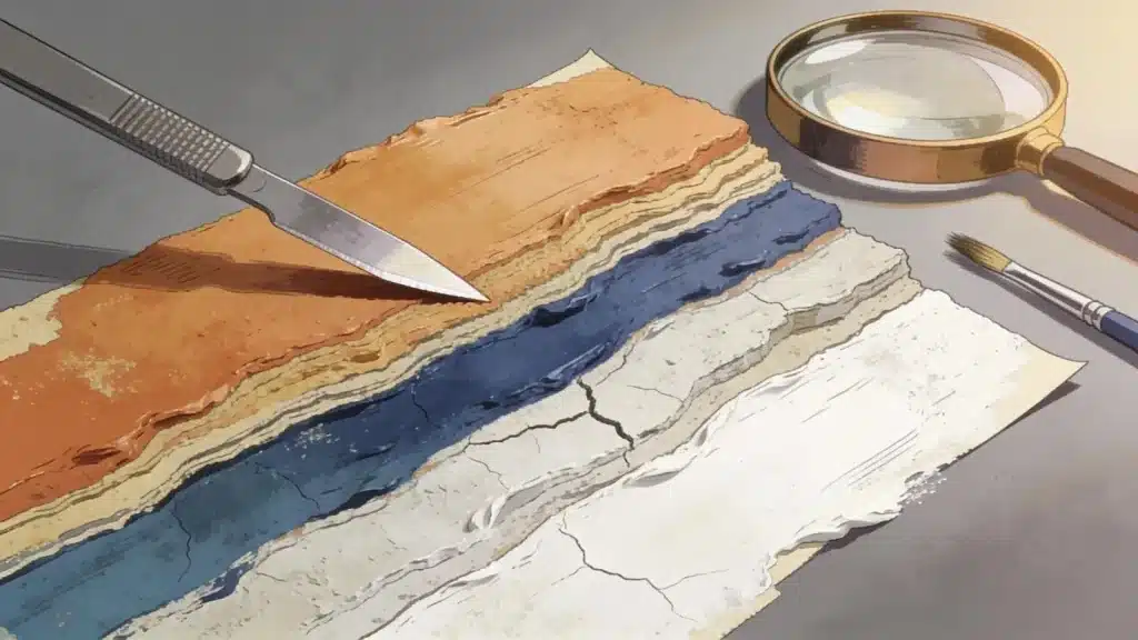 Close up of layered paint samples revealing paint layer stratigraphy details