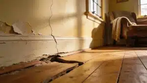 Close up of structural signs indicating subsidence, featuring wall cracks and uneven flooring in a London property.
