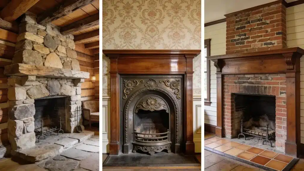 Collage of stone, cast iron, and brick historic fireplaces highlighting material differences