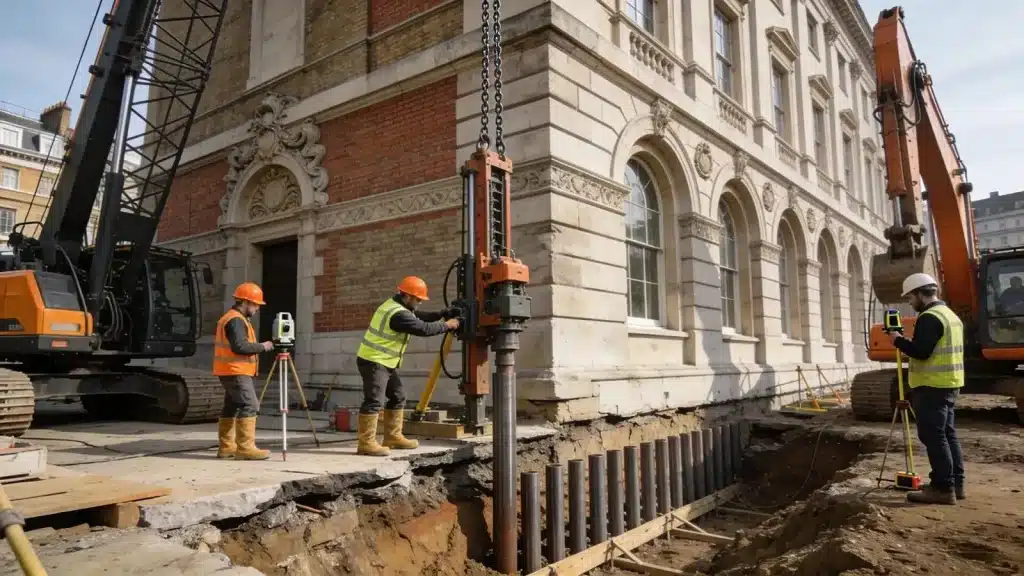 Construction workers performing underpinning repairs on a historical property in London