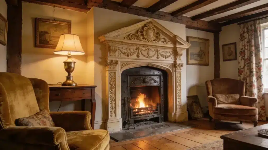 Historic fireplace restoration in a charming living room with vintage decor